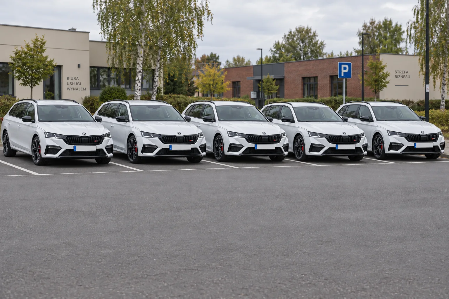 Wizualizacja floty pięciu białych Škód Octavii RS Combi na polskim parkingu firmowym